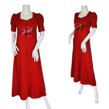 1970's Red Rayon Velvet Maxi Dress I Sz Xs - Sm 