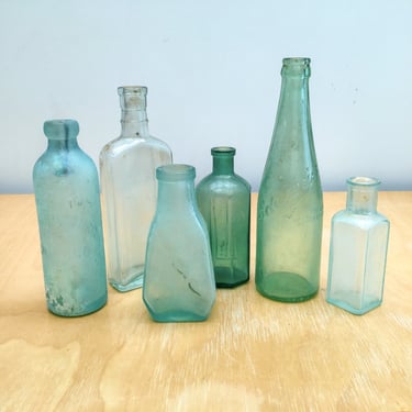 Antique Found Aqua Glass Bottle Collection, Iridescent Turquoise 19th Century 1800s Apothecary Jars, Vintage Farmhouse Decor, Set of 5 