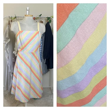 1970s 1980s Vintage Pastel Striped Sundress - Retro Summer Dress with Square Neckline and A-line Skirt 