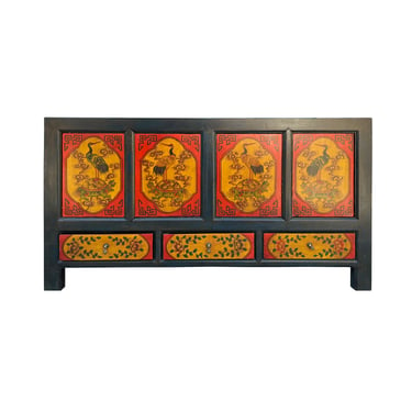 Chinese Vintage Black Orange Flower Birds Graphic TV Console Cabinet cs7631E 