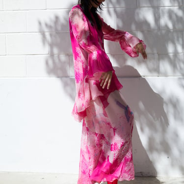 HANAE MORI 80s Hot Pink Silk Bird Gown