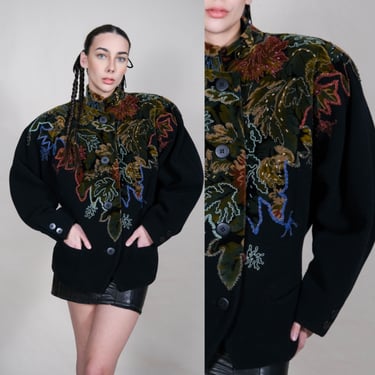 Vintage 80s BYBLOS Autumn Leaf Framed Embroidered & Beaded Print Avant Garde Power Wool Coat | Made in Italy | 1980s Italian Designer Jacket 