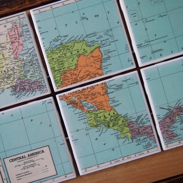 1944 Central America Map Coaster Set of 6. Vintage Map Gift. Panama Map. Costa Rica Gift. Nicaragua Coasters. Honduras Map. Guatemala Gift. 