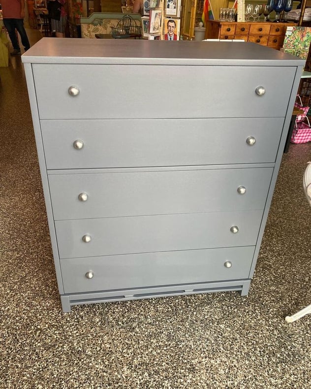 Gray painted mid century chest of drawers by Kent Coffey 38” x 20” x 47”