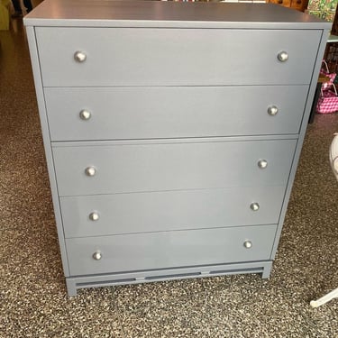 Gray painted mid century chest of drawers by Kent Coffey 38” x 20” x 47”