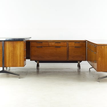 Imperial Desk Company Mid Century Walnut U-Shaped Desk with Chrome Handles - mcm 