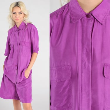 80s Two Piece Outfit Purple Silk Romper Set 80s SHORTS + TOP Button Up Blouse Pleated Trouser Shorts 1980s Shirt Summer Medium 