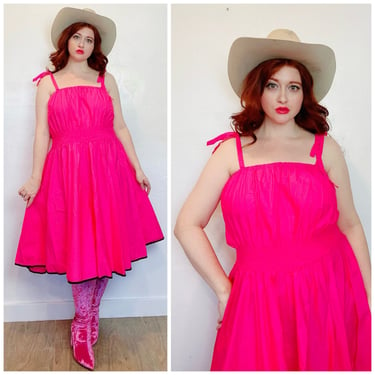 1970s Vintage Hot Pink Cotton Smocked Waist Sundress / 70s / Seventies Bow Tie Fit and Flare Dress / XL - XXL 