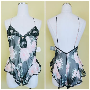 1990s Vintage Indulgence black Floral Teddy / 90s Sheer Chiffon Ruffle Lace Trim Romper / Small 