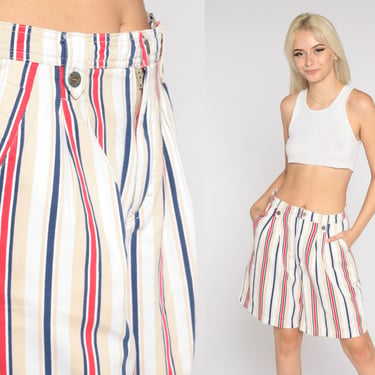 Striped Shorts 90s Wide Leg Shorts Retro High Waisted Baggy Shorts Cotton Summer Tan Red White Blue Vintage 1990s White Stag Medium M 30 