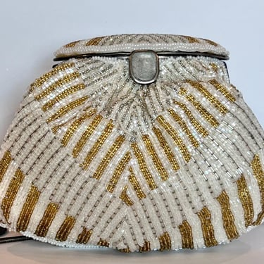 Vintage Carla Marchi Beaded Purse, White Gold Beaded Purse, Kiss Lock Clasp, 80s Glam Party Accessory,  Holiday Beaded Purse, Designer Purse 
