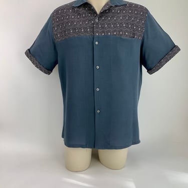 1960'S Rayon Shirt - Machine Embroidery Details - ABBY LANE Label - Miami Beach - Concealed Pocket - Loop Collar - Men's Size Large 
