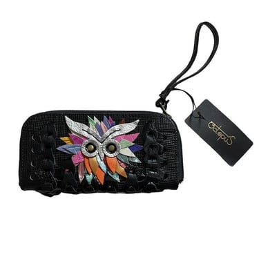 NWT Octopus Handbags Handmade Black Leather Hippie Owl Floral Wristlet Wallet 