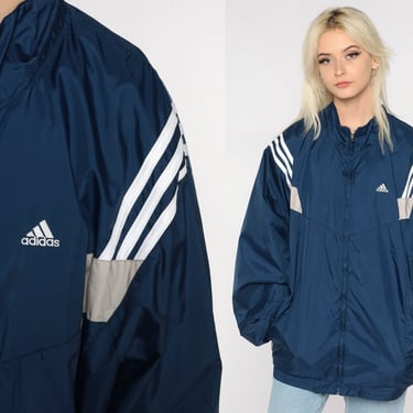 Navy Blue Adidas Windbreaker Y2K Striped Track Jacket Hipster Wind Breaker 00s Sporty Zip Up Warmup Retro Athletic Streetwear Extra Large xl 