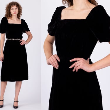 Vintage Black Velvet Puff Sleeve Dress - Small | 70s 80s Short Sleeve Square Neck Midi 