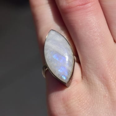 Vintage Sterling Silver Moonstone Marquise Ring, Bohemian Silver Ring, 925 Hallmark, Artisan Gemstone Jewelry, Size 7 US 