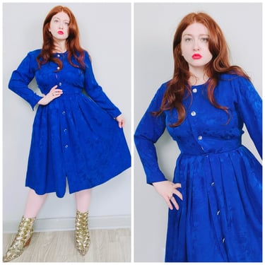 1980s Vintage Neiman Marcus Royal Blue Silk Dress / 80s / Eighties Long Sleeve Fit and Flare Dress / Medium 