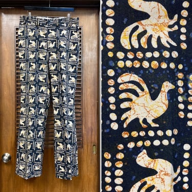 Vintage 1960’s Tiki Mod Batik Cotton Flat Front Pants, 60’s Trousers, 60’s Cotton Pants, 60’s Tiki Style, Vintage Clothing 