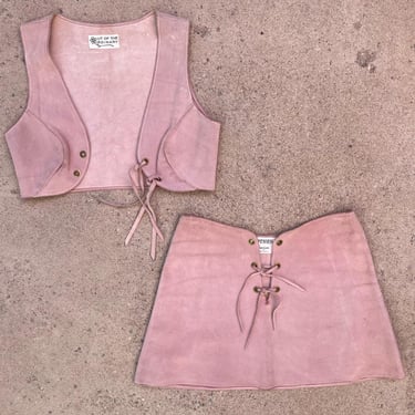 Vintage Darjon 70s USA Made Pink Genuine Suede Two Piece Vest Skirt Set XS 