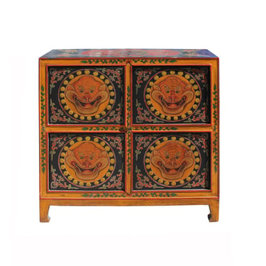 Chinese Tibetan Orange Black Foo Dog Graphic Credenza Storage Cabinet cs4135E 