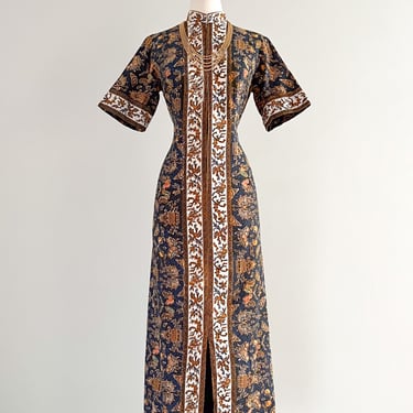 Gorgeous 1970's Navy &amp; Gold  Batik Kaftan Dress / Sz M