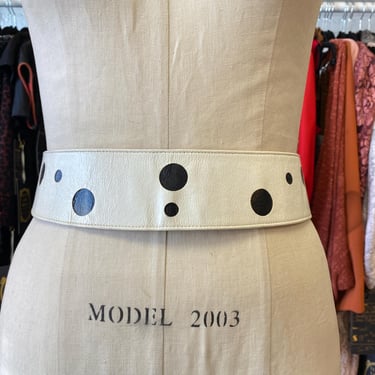 vintage 1960s white and black leather polka dot mod belt, 60s accessories, s/m 