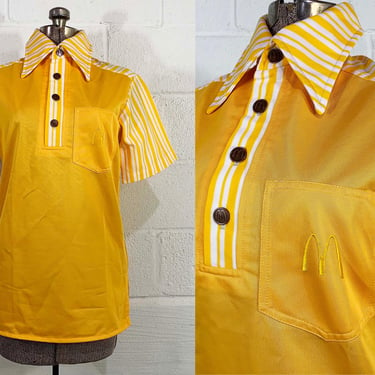 Vintage McDonald’s Uniform Polo Shirt 1976 Crest 1970s Yellow White Fast Food Restaurant Dead Stock NOS Deadstock 70s Small Medium 