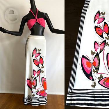 MOD Butterflies Alfred Shaheen Maxi Skirt • Butterfly + Black & White Stripes • Vintage 60s 70s Hippie Boho Hawaiian Tiki Oasis • Sz Medium 