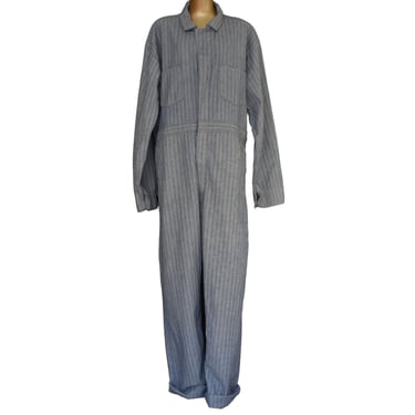Vintage 60s Blue Striped Coveralls, 1960s Mechanics Overalls, Striped Herringbone Workwear, Flight Suit Boiler Suit, Size XL Extra Large 