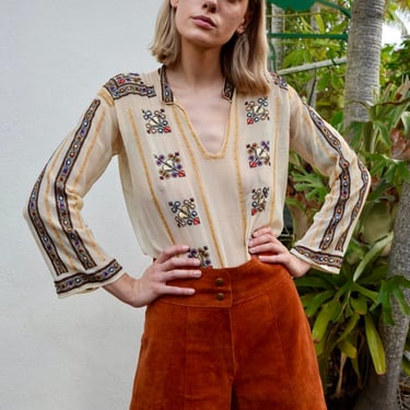 Vintage Tissue Thin Peasant Blouse with Heart Embroidery / Sheer Silk Penny Lane / Romanian Cropped Blouse 