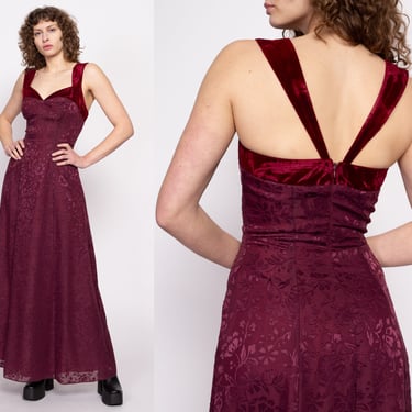 90s Plum Purple Jacquard & Velvet Evening Dress - Small | Vintage Sleeveless Strappy Back Formal Maxi Party Gown 