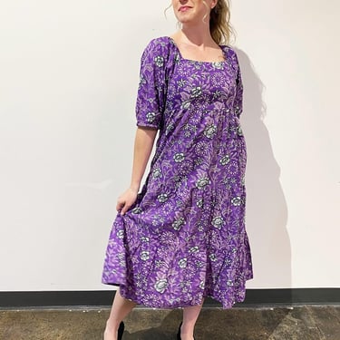 Block Printed Cotton Dress, Hand Block Print Midi Dress, Poof Sleeve Dress, Smocked Elastic Bodice, Purple Floral Dress, Dress for Weddings 