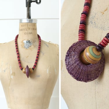 vintage 1980s necklace • tribal tiki long beaded necklace with woven straw / rattan pendant & chunky wood beads 
