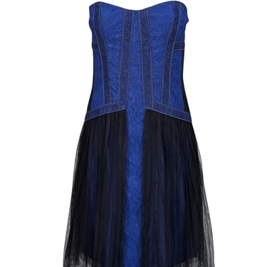 BCBG Max Azria - Blue & Black Floral Lace Strapless Mini Dress Sz 8