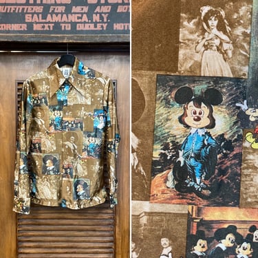 Vintage 1970’s “Kennington” Disney Mickey Mouse Paintings Mod Disco Poly Cartoon Shirt, 70’s Vintage Clothing 