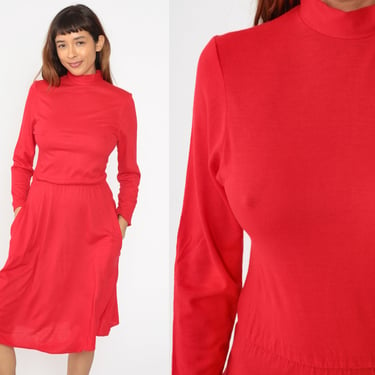 Red Acrylic Dress 70s 80s Mock Neck Midi Dress Long Sleeve Dress Pocket Low Waist Secretary Long Sleeve 1980s Vintage Plain Medium Large 