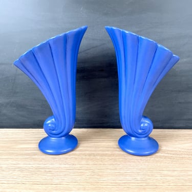 Blue cornucopia vases - a pair - 1940s vintage 