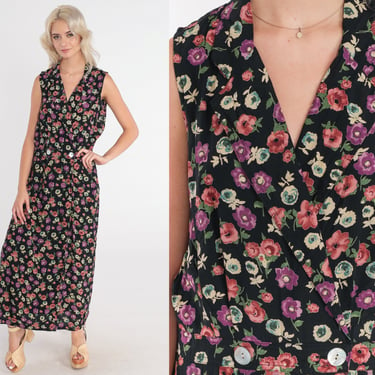 Black Floral Maxi Dress 90s Sundress Double Breasted Button up Wrap Dress Ankle Length Sleeveless Sun Day Dress Retro Vintage 1990s Medium M 