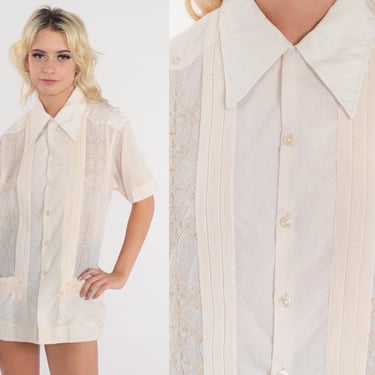 70s Button Up Shirt White Embroidered Geometric Top Oxford Collared Shirt Retro Preppy Boho 1960s Vintage Point Collar Beach Men's 38 Medium 