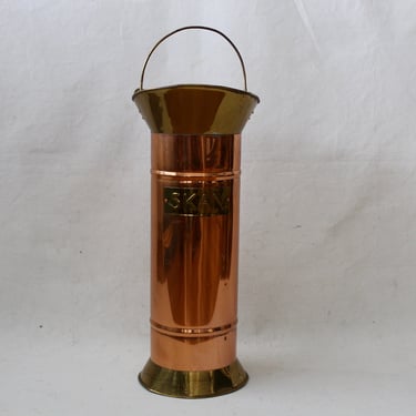 5Kan Vintage Mid Century Modern Copper Brass Umbrella Stand Ceramic Handle 