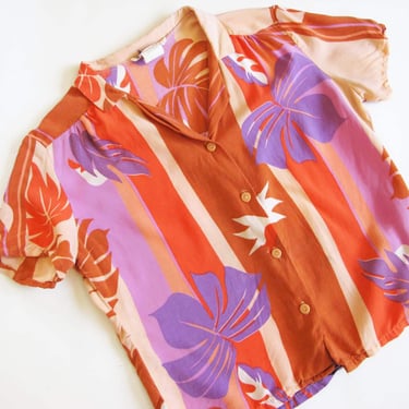 Vintage 70s Tropical Jungle Leaf Stripe Womens Blouse S - 1970s Orange Coral Pink Short Sleeve Button Up - Tiki Vacation Shirt 