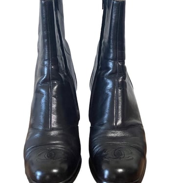 Vintage CHANEL Huge CC Logo Monogram BLACK Leather Boots Booties Moto Combat Riding eu 37 us 6 - 6.5  - Rare!! 