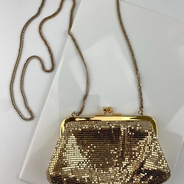 Vintage Gold Metal Mesh Evening Purse - by Whiting and Davis - Shinny Gold Frame with Rhinestone Clasp - Long Gold Chain Option 