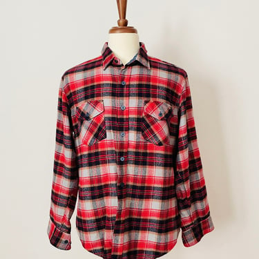 Vintage Pine Grove Red / Gray / Navy Plaid Flannel Button Up Shirt / Unisex / Free Shipping 