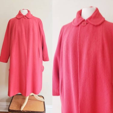 1950s Coral Pink Red Wool A Line Coat / 50s Coat Peter Pan Collar Midcentury Modern Mod Fall Spring Coat / Large/ Dionne 