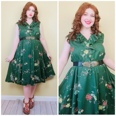 1970s Vintage Green Rayon Floral Ruffled Dress / 70s / Seventies Fit and Flare Dress / Size XL 