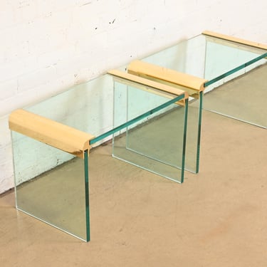 Leon Rosen for Pace Collection Mid-Century Modern Hollywood Regency Brass and Glass Waterfall Side Tables, Pair