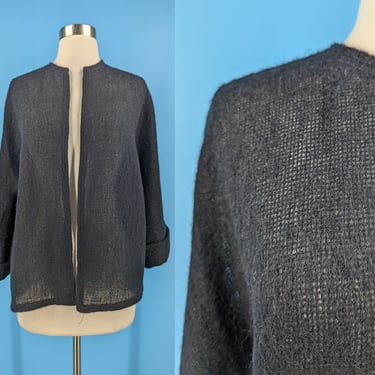 Vintage Sixties Loose Weave Black Wool Open Front Cardigan Sweater with Cuffed Bell Sleeves - XL 