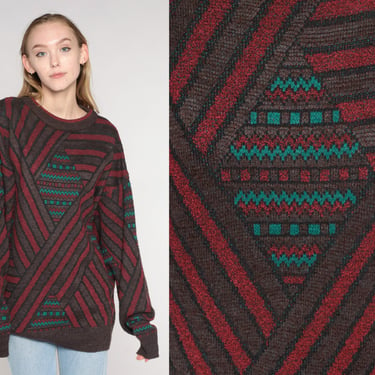 Striped Sweater 90s Geometric Print Knit Pullover Sweater Red Blue Brown Zig Zag Grunge Hippie Knitwear Retro 1990s Vintage Extra Large L XL 