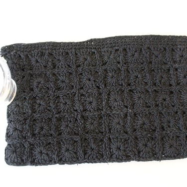 Vintage 40s 1940's Black Rayon Gimp Corde Crochet knit with Lucite curved pull clutch Handbag Purse 8 inches by 12 inches 